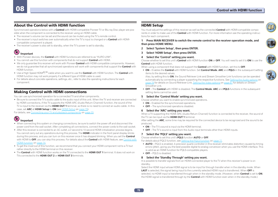 Hdmi setup, Hdmi, Setup | Pioneer SC-LX78-K User Manual | Page 75 / 140