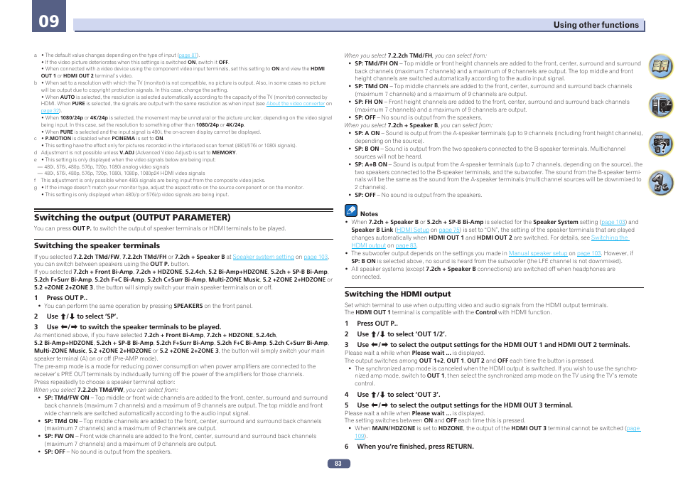 Switching the output (output parameter), Switching the hdmi output, Switching the speaker terminals | Switching, The speaker terminals | Pioneer SC-LX78-K User Manual | Page 83 / 140