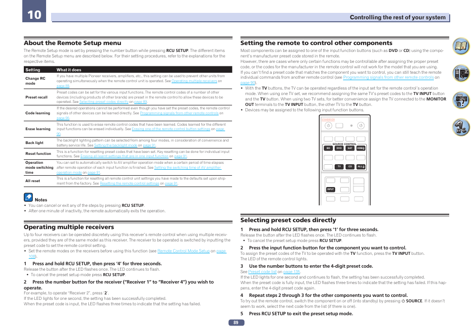 About the remote setup menu, Operating multiple receivers, Setting the remote to control other components | Selecting preset codes directly | Pioneer SC-LX78-K User Manual | Page 89 / 140