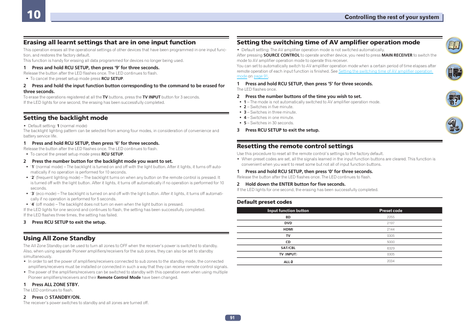 Setting the backlight mode, Setting the switching time of av amplifier, Operation mode | Resetting the remote control settings, Erasing all learnt settings that are in one, Input function | Pioneer SC-LX78-K User Manual | Page 91 / 140