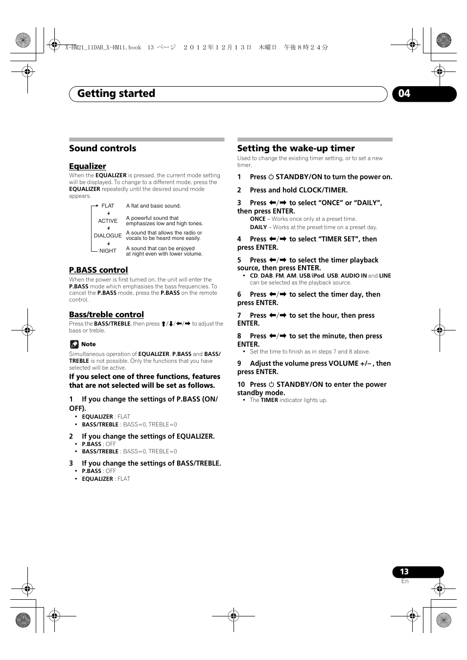 Sound controls, Equalizer, P.bass control | Bass/treble control, Setting the wake-up timer, Getting started 04 | Pioneer X-HM11DAB-K User Manual | Page 13 / 36