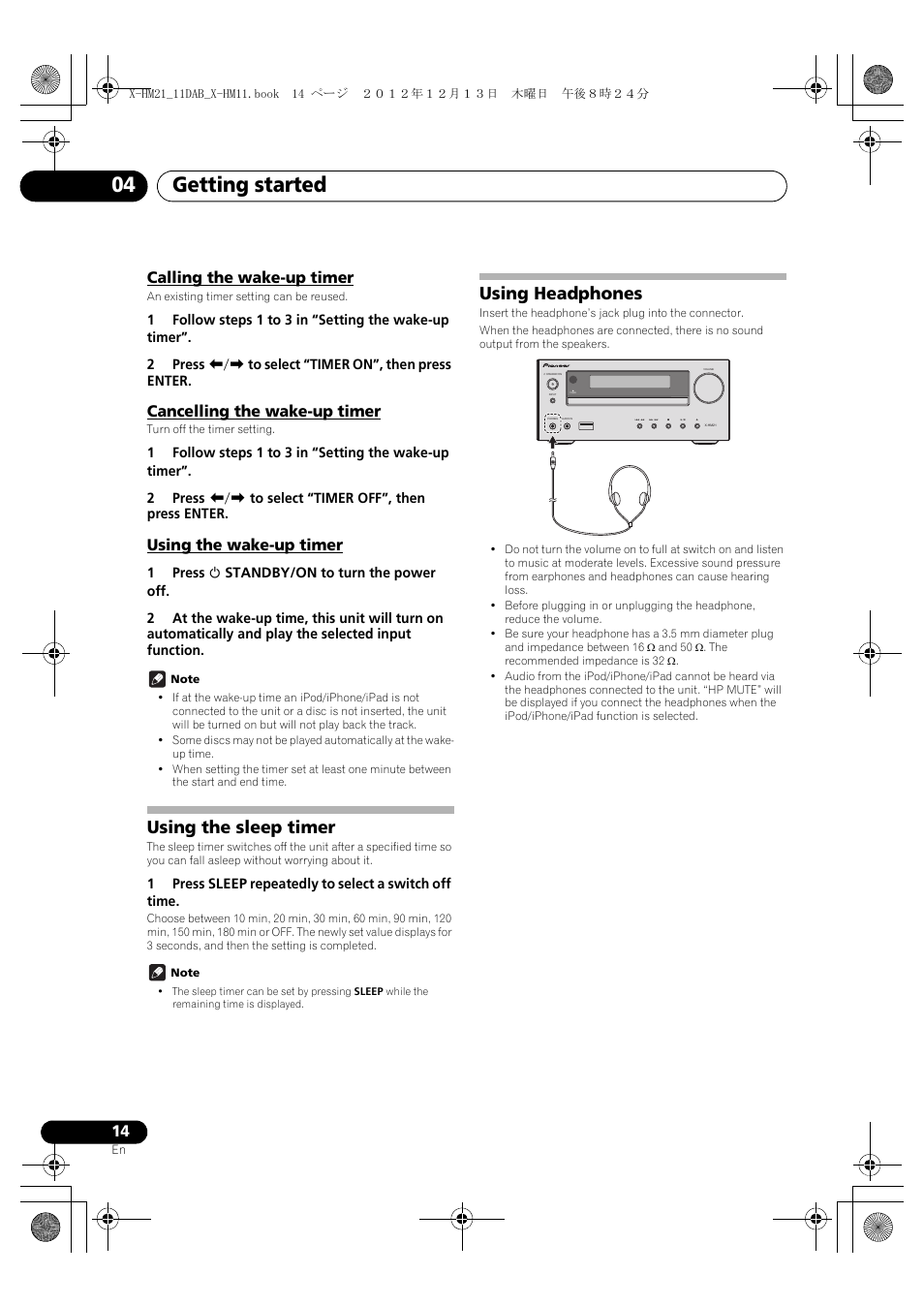 Calling the wake-up timer, Cancelling the wake-up timer, Using the wake-up timer | Using the sleep timer, Using headphones, Getting started 04 | Pioneer X-HM11DAB-K User Manual | Page 14 / 36