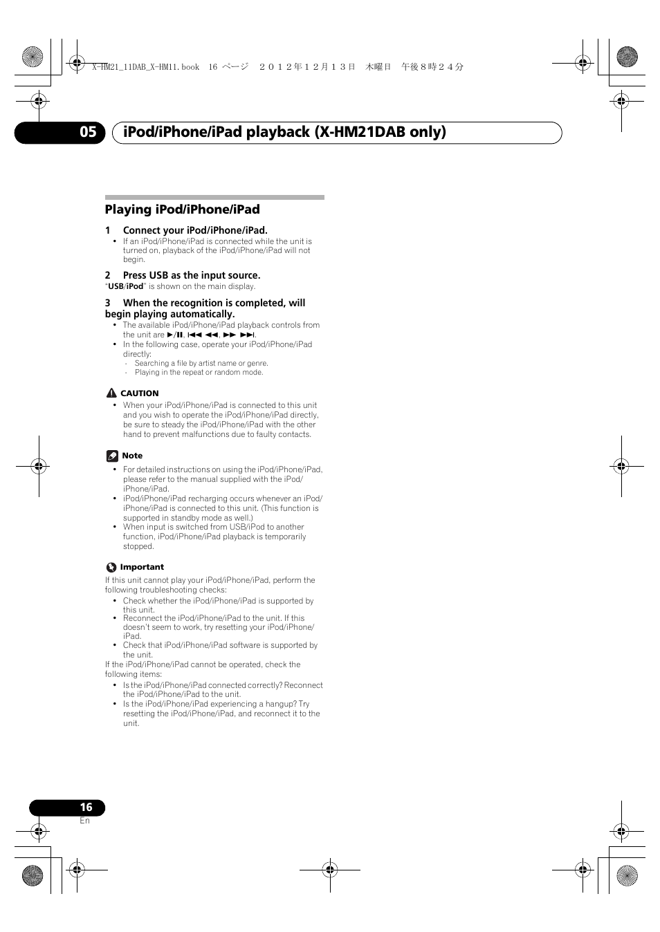 Playing ipod/iphone/ipad, Ipod/iphone/ipad playback (x-hm21dab only) 05 | Pioneer X-HM11DAB-K User Manual | Page 16 / 36