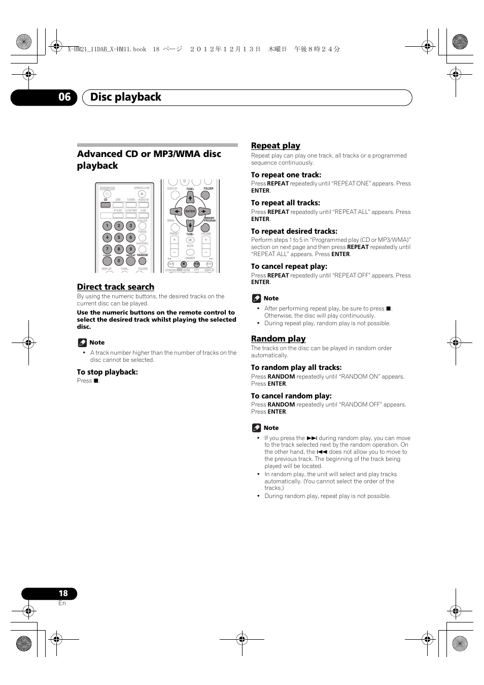 Advanced cd or mp3/wma disc playback, Direct track search, Repeat play | Random play, Disc playback 06 | Pioneer X-HM11DAB-K User Manual | Page 18 / 36