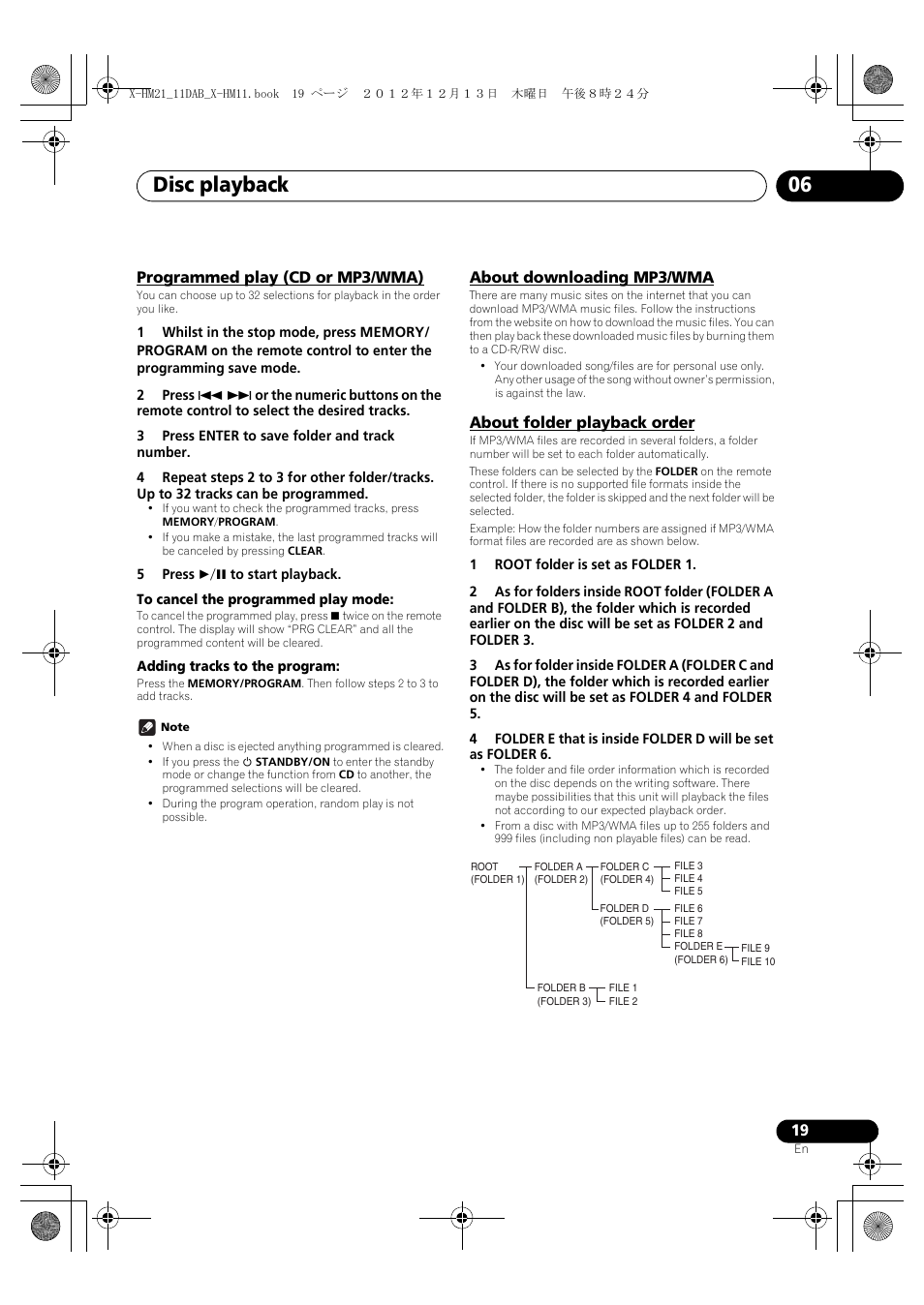 Programmed play (cd or mp3/wma), About downloading mp3/wma, About folder playback order | Disc playback 06 | Pioneer X-HM11DAB-K User Manual | Page 19 / 36