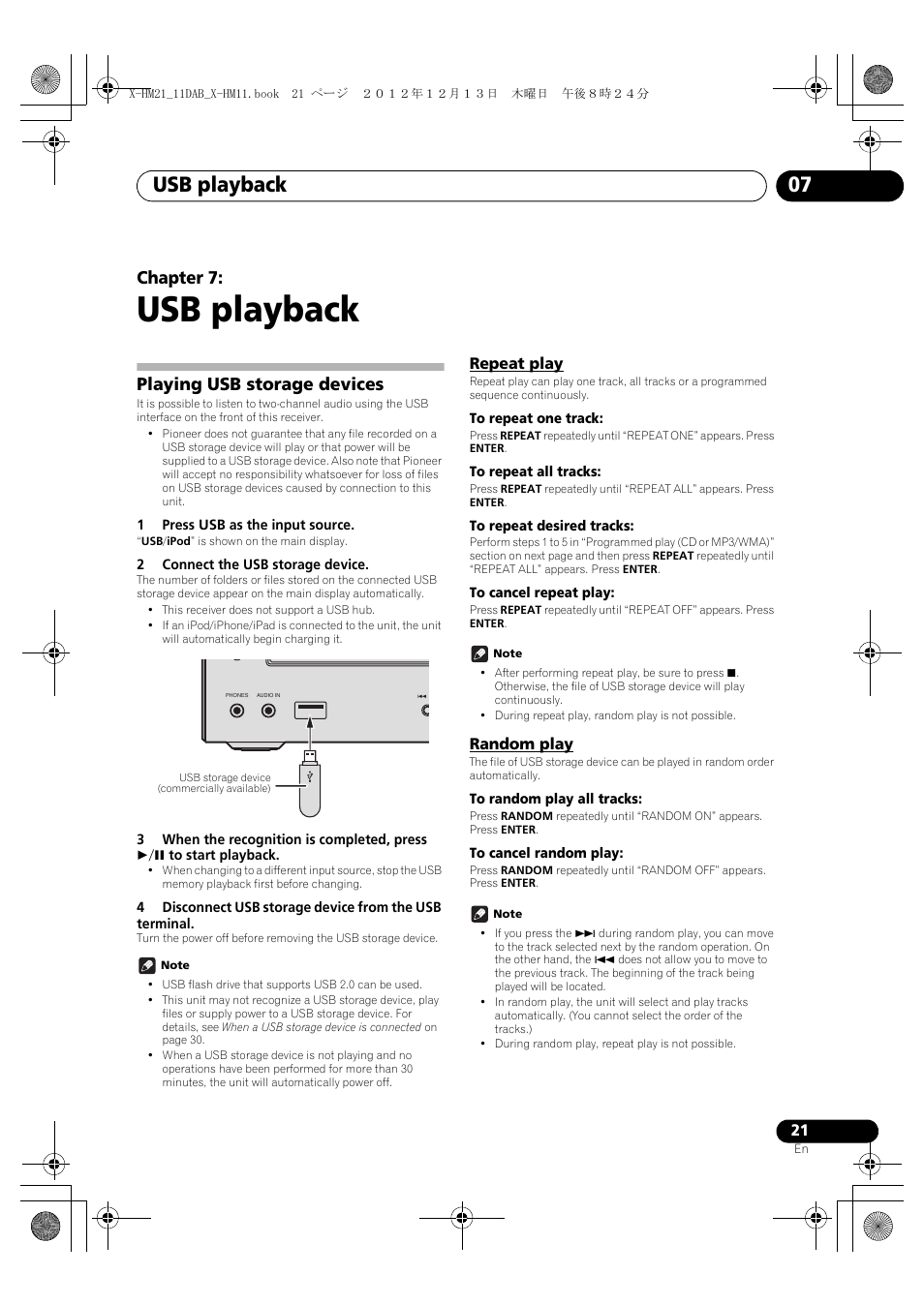 07 usb playback, Playing usb storage devices, Repeat play | Random play, Usb playback, Usb playback 07, Chapter 7 | Pioneer X-HM11DAB-K User Manual | Page 21 / 36