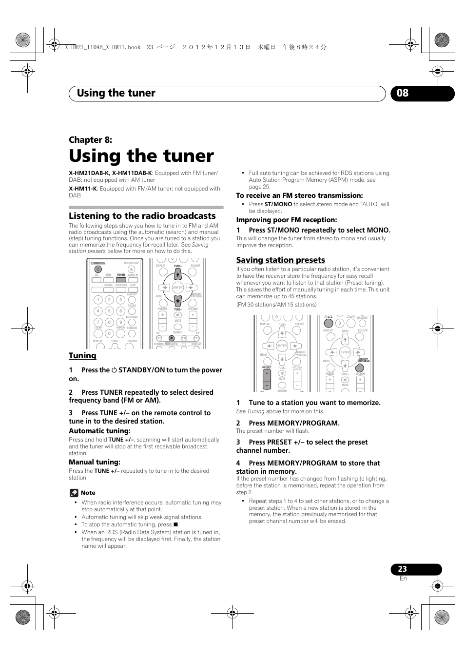 08 using the tuner, Listening to the radio broadcasts, Tuning | Saving station presets, Using the tuner, Using the tuner 08, Chapter 8, Manual tuning | Pioneer X-HM11DAB-K User Manual | Page 23 / 36