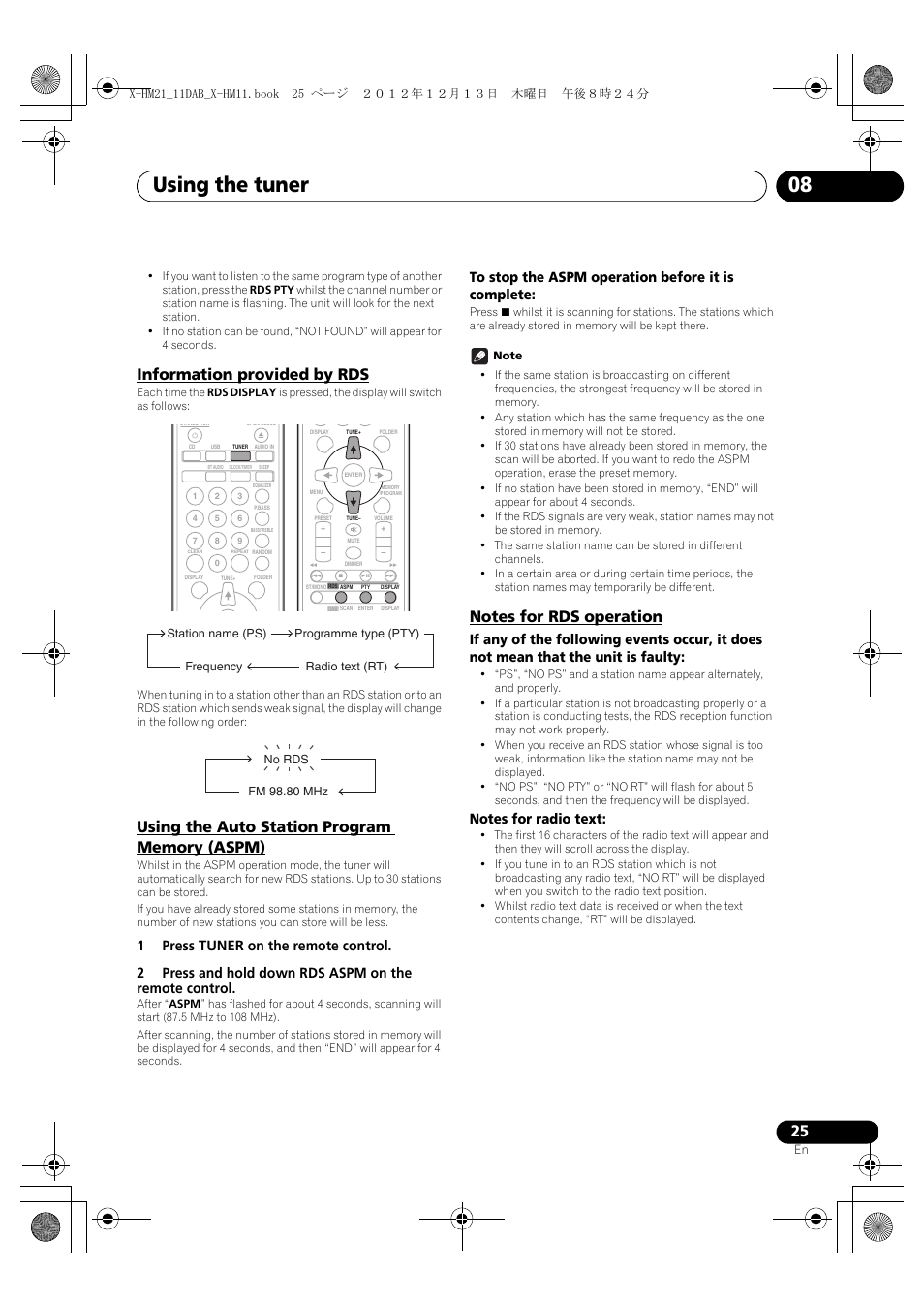 Information provided by rds, Using the auto station program memory (aspm), Notes for rds operation | Using the tuner 08 | Pioneer X-HM11DAB-K User Manual | Page 25 / 36