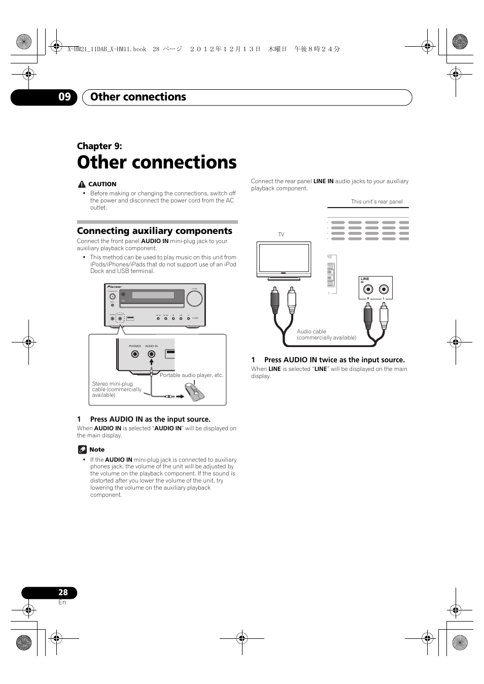 09 other connections, Connecting auxiliary components, Other connections | Other connections 09, Chapter 9, 1press audio in as the input source, 1press audio in twice as the input source | Pioneer X-HM11DAB-K User Manual | Page 28 / 36