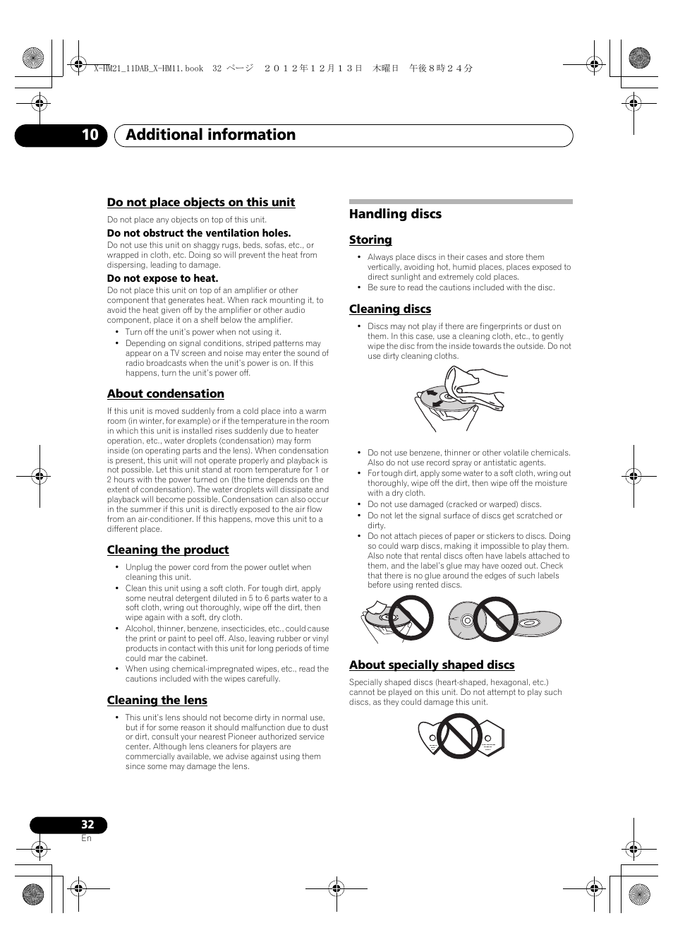 Do not place objects on this unit, About condensation, Cleaning the product | Cleaning the lens, Handling discs, Storing, Cleaning discs, About specially shaped discs, Additional information 10 | Pioneer X-HM11DAB-K User Manual | Page 32 / 36