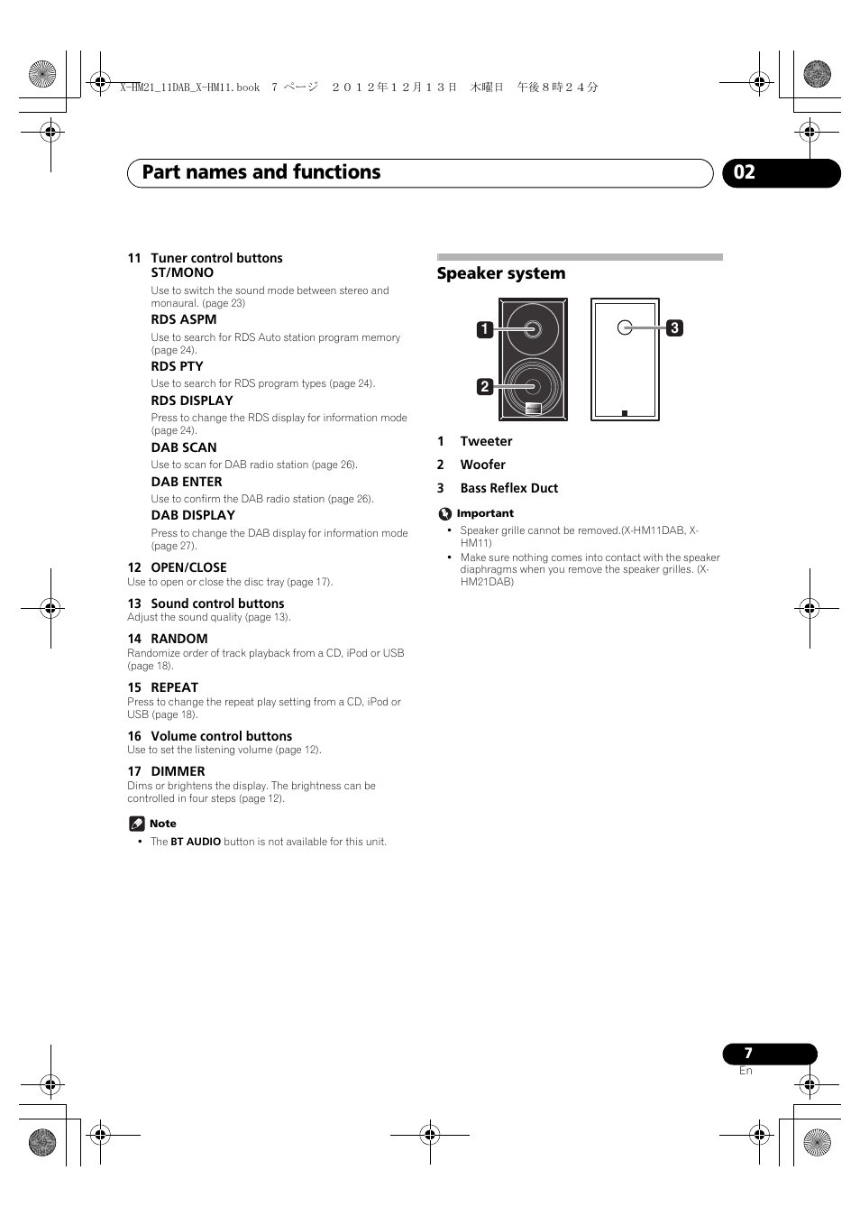 Speaker system, Part names and functions 02 | Pioneer X-HM11DAB-K User Manual | Page 7 / 36