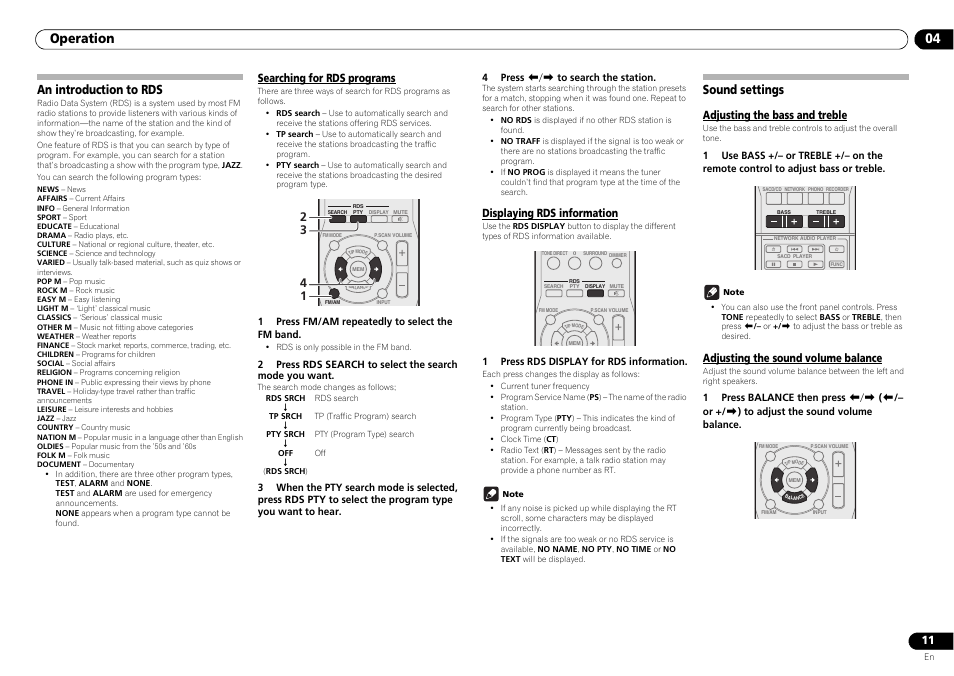 An introduction to rds sound settings, Operation 04, An introduction to rds | Sound settings, Searching for rds programs, Displaying rds information, Adjusting the bass and treble, Adjusting the sound volume balance | Pioneer SX-20-S User Manual | Page 11 / 15