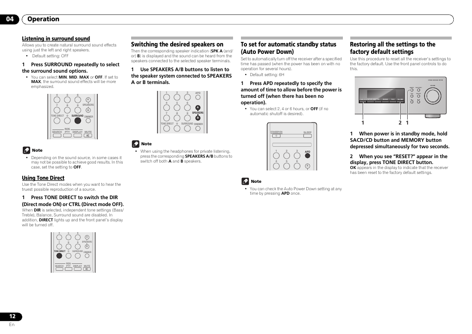 04 operation, Switching the desired speakers on, Listening in surround sound | Using tone direct | Pioneer SX-20-S User Manual | Page 12 / 15