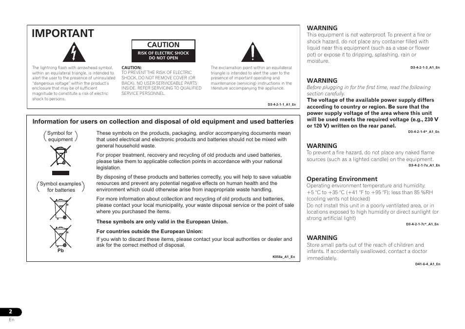 Important, Caution | Pioneer SX-20-S User Manual | Page 2 / 15