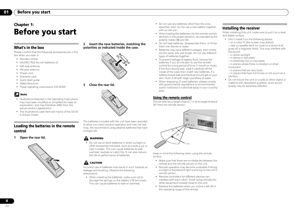 01 before you start, Before you start, Chapter 1 | What’s in the box, Loading the batteries in the remote control, Installing the receiver | Pioneer SX-20-S User Manual | Page 4 / 15