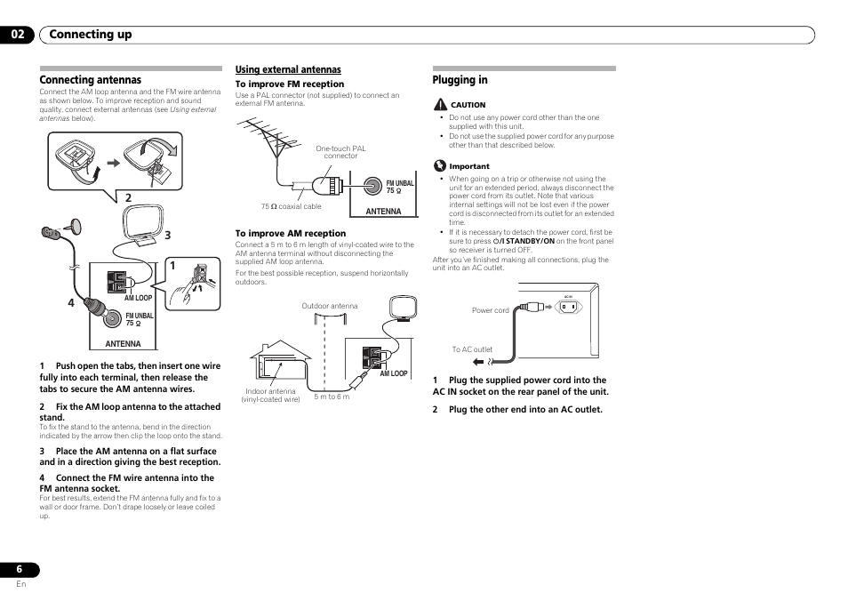 Connecting antennas plugging in, 02 connecting up, Connecting antennas | Plugging in | Pioneer SX-20-S User Manual | Page 6 / 15