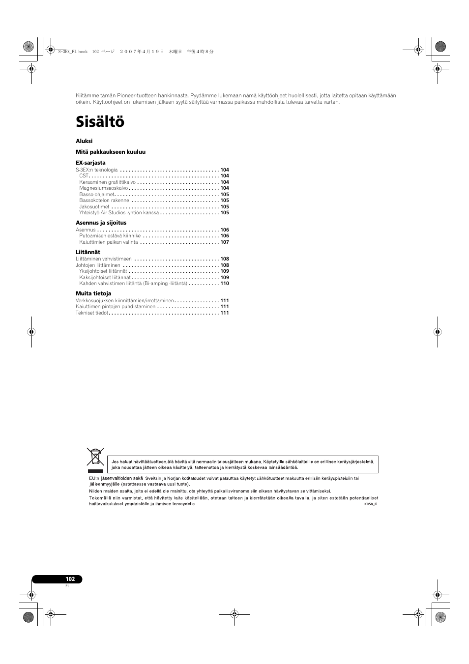 Sisältö | Pioneer S-3EX-QL User Manual | Page 102 / 124