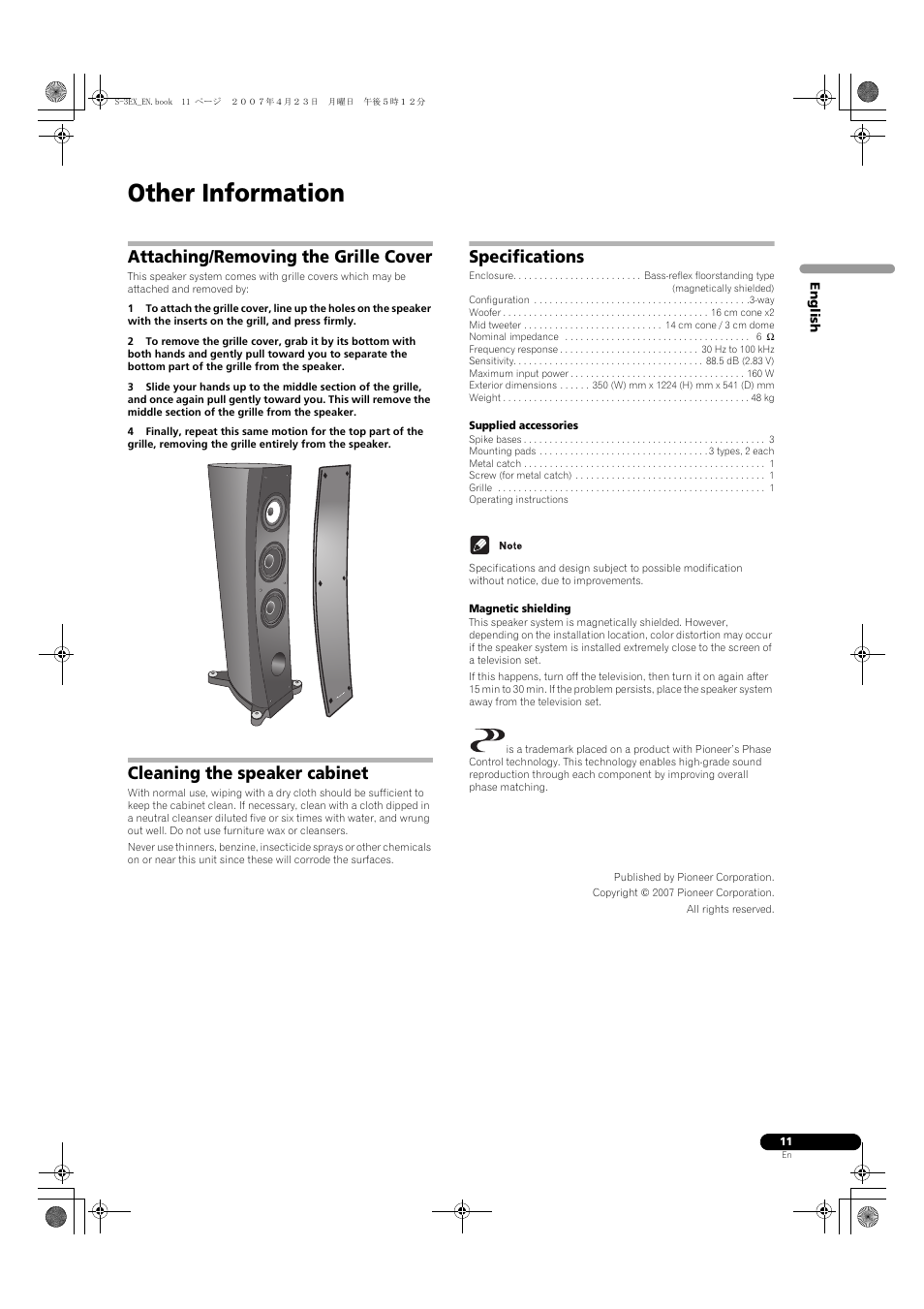 Other information, Attaching/removing the grille cover, Cleaning the speaker cabinet | Specifications | Pioneer S-3EX-QL User Manual | Page 11 / 124