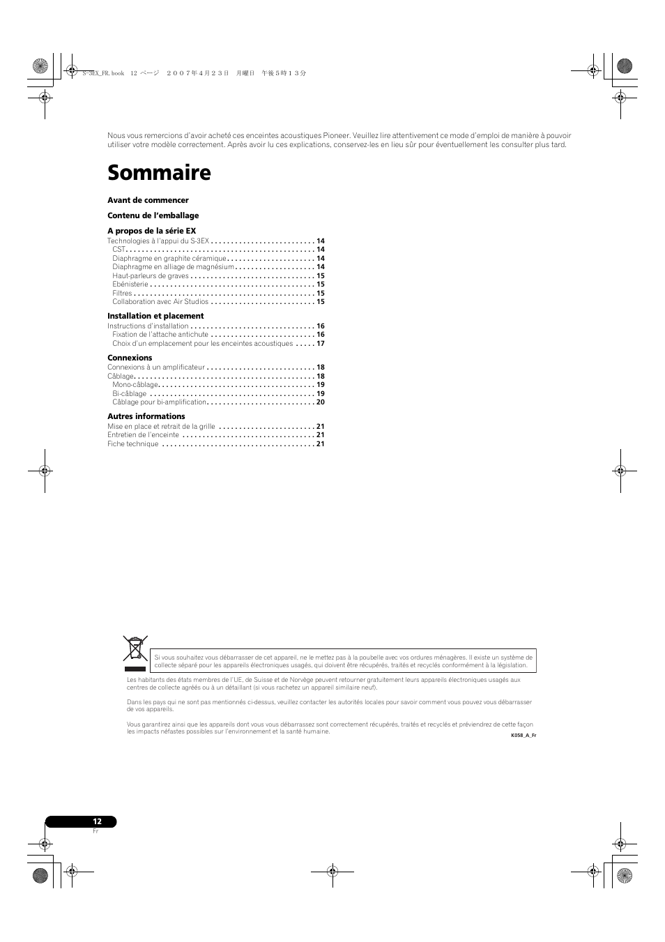 Sommaire | Pioneer S-3EX-QL User Manual | Page 12 / 124