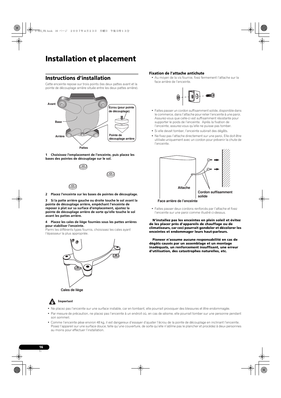 Installation et placement, Instructions d’installation | Pioneer S-3EX-QL User Manual | Page 16 / 124