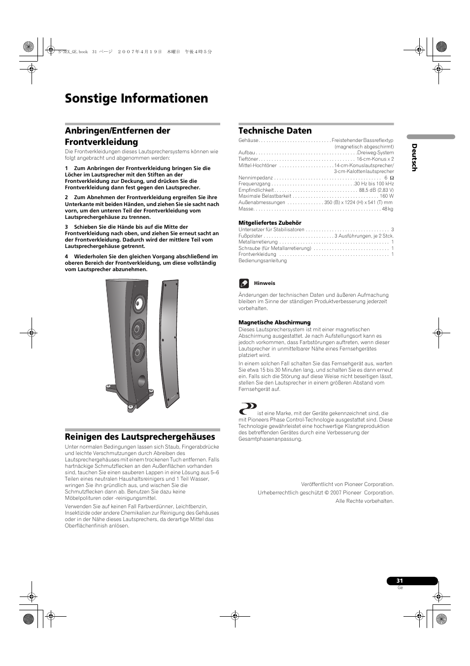 Sonstige informationen, Anbringen/entfernen der frontverkleidung, Reinigen des lautsprechergehäuses | Technische daten | Pioneer S-3EX-QL User Manual | Page 31 / 124