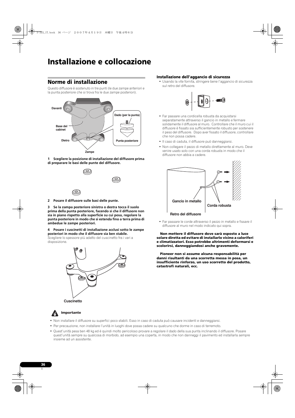 Installazione e collocazione, Norme di installazione | Pioneer S-3EX-QL User Manual | Page 36 / 124
