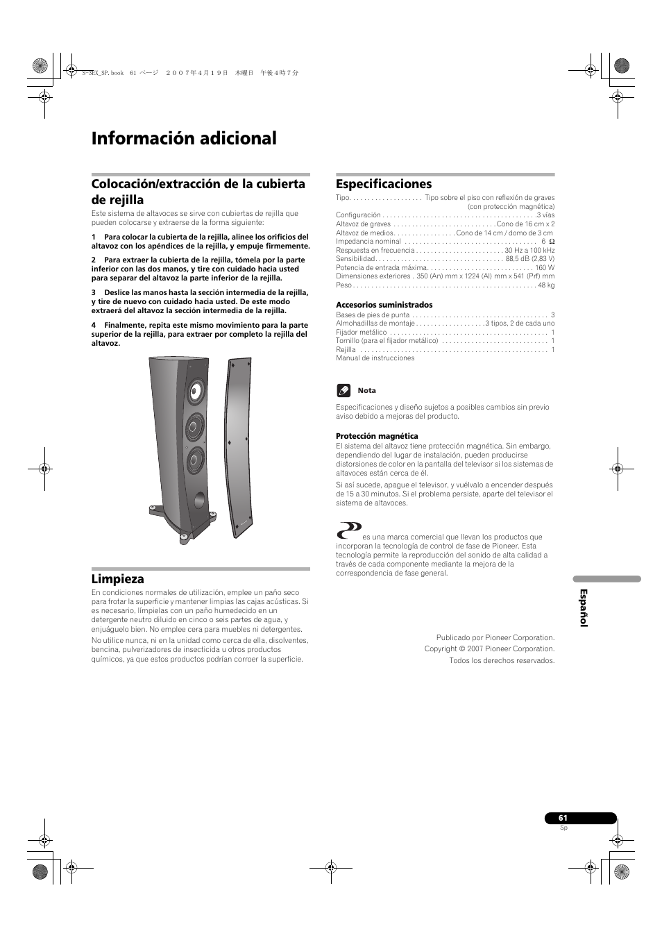 Información adicional, Colocación/extracción de la cubierta de rejilla, Limpieza | Especificaciones | Pioneer S-3EX-QL User Manual | Page 61 / 124