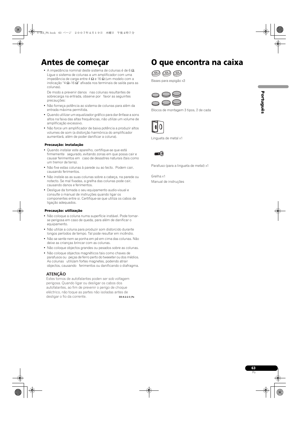 Antes de começar, O que encontra na caixa | Pioneer S-3EX-QL User Manual | Page 63 / 124