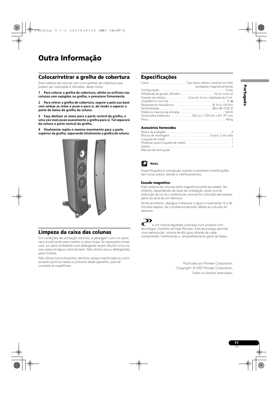 Outra informação, Colocar/retirar a grelha de cobertura, Limpeza da caixa das colunas | Especificações | Pioneer S-3EX-QL User Manual | Page 71 / 124