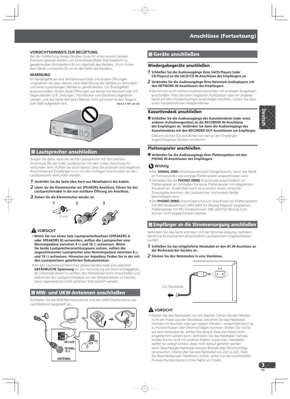 Anschlüsse (fortsetzung), Lautsprecher anschließen, Mw- und ukw-antennen anschließen | Geräte anschließen, Empfänger an die stromversorgung anschließen | Pioneer SX-20-K User Manual | Page 11 / 28