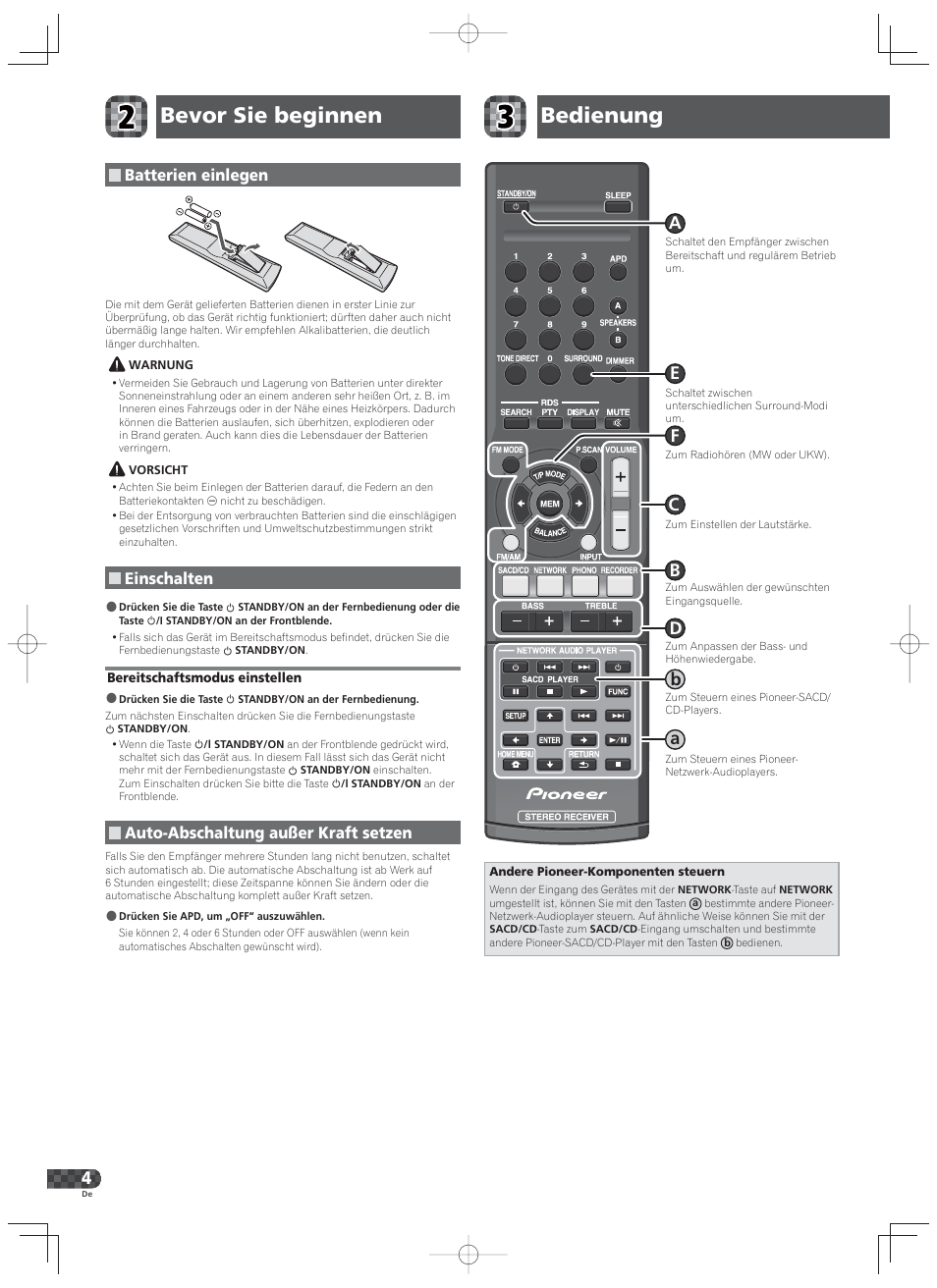 Bevor sie beginnen bedienung, Batterien einlegen, Einschalten | Auto-abschaltung außer kraft setzen | Pioneer SX-20-K User Manual | Page 12 / 28