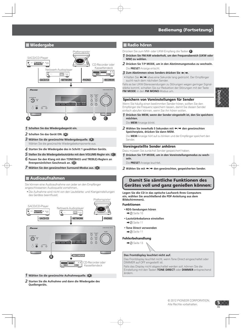 Wiedergabe, Audioaufnahmen, Bedienung (fortsetzung) | Radio hören | Pioneer SX-20-K User Manual | Page 13 / 28