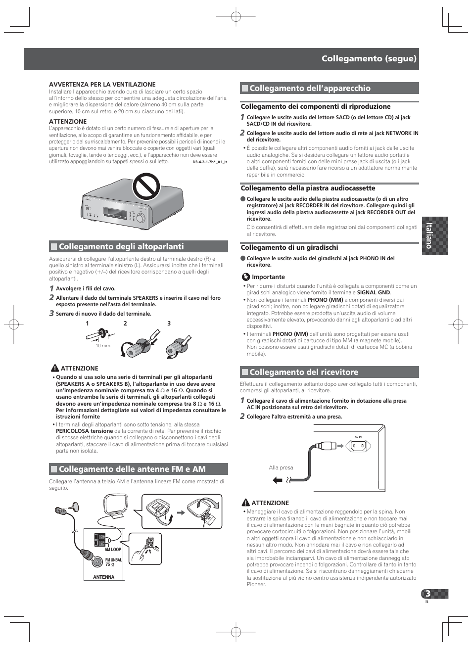 Collegamento (segue), Collegamento degli altoparlanti, Collegamento delle antenne fm e am | Collegamento dell’apparecchio, Collegamento del ricevitore | Pioneer SX-20-K User Manual | Page 15 / 28