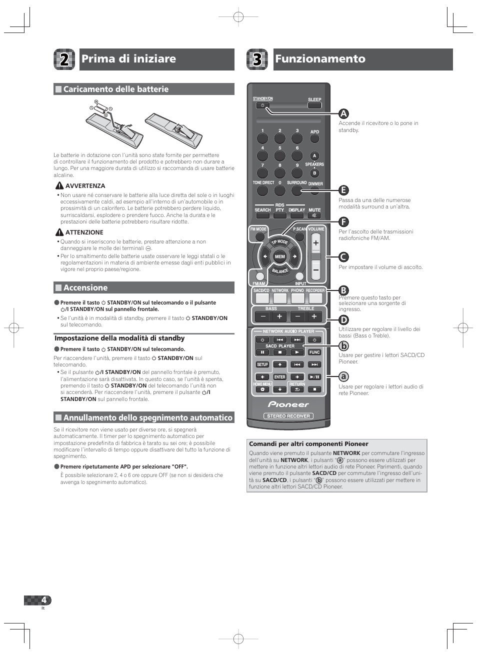 Prima di iniziare funzionamento, Caricamento delle batterie, Accensione | Annullamento dello spegnimento automatico | Pioneer SX-20-K User Manual | Page 16 / 28