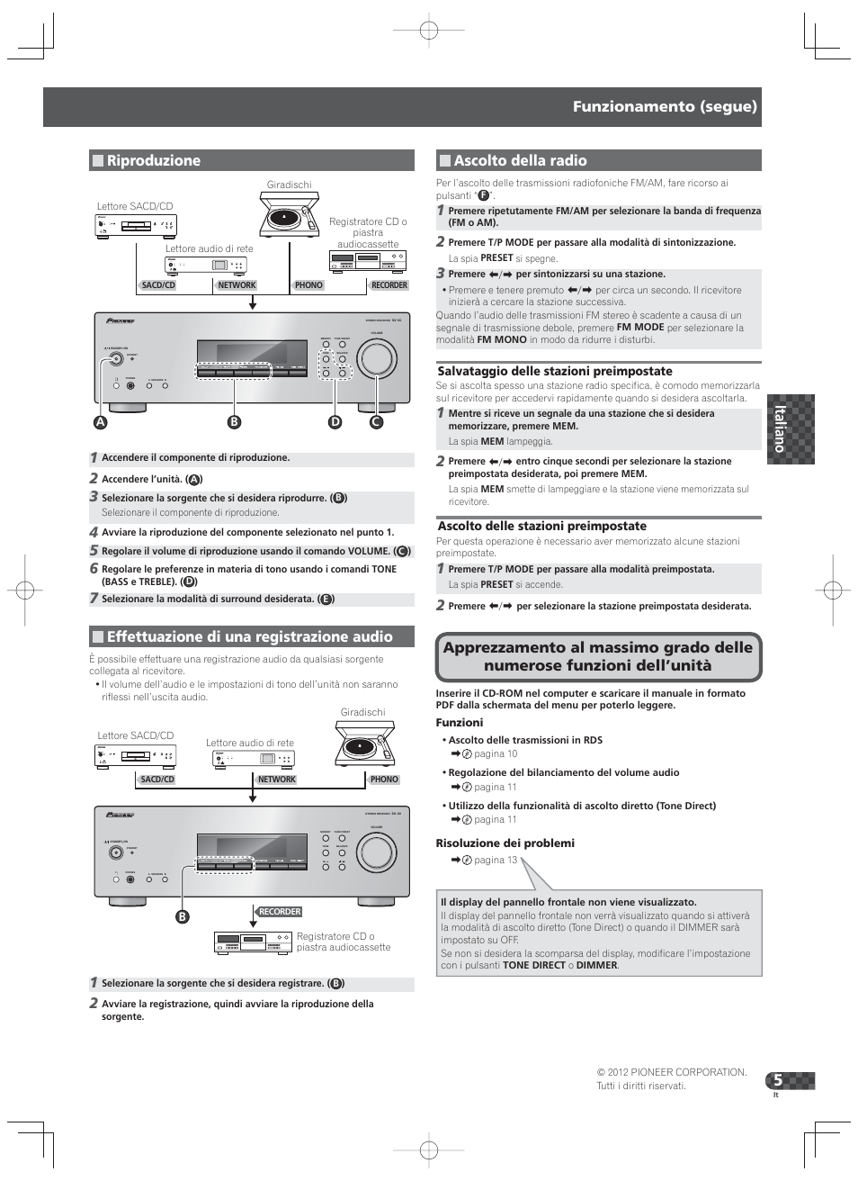 Riproduzione, Effettuazione di una registrazione audio, Funzionamento (segue) | Ascolto della radio | Pioneer SX-20-K User Manual | Page 17 / 28