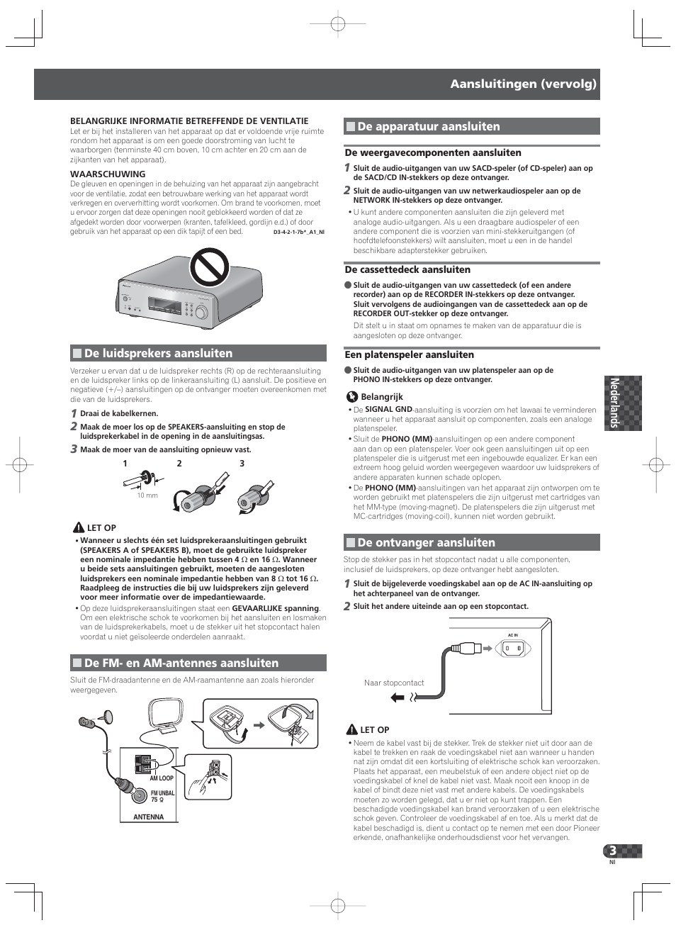 Aansluitingen (vervolg), De luidsprekers aansluiten, De fm- en am-antennes aansluiten | De apparatuur aansluiten, De ontvanger aansluiten | Pioneer SX-20-K User Manual | Page 19 / 28