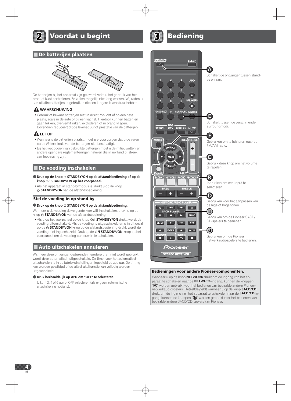 Voordat u begint bediening, De batterijen plaatsen, De voeding inschakelen | Auto uitschakelen annuleren | Pioneer SX-20-K User Manual | Page 20 / 28