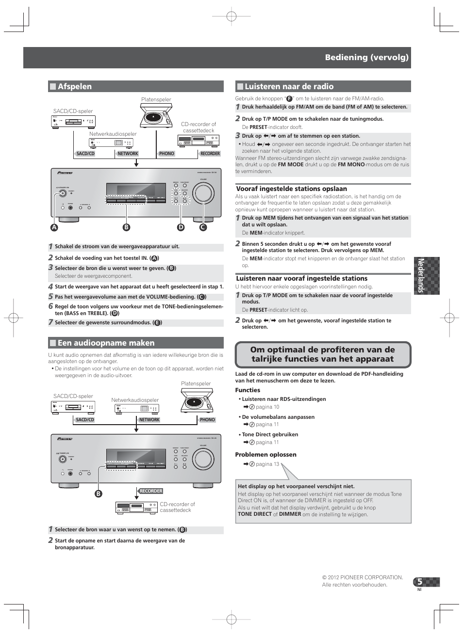 Afspelen, Een audioopname maken, Bediening (vervolg) | Luisteren naar de radio | Pioneer SX-20-K User Manual | Page 21 / 28