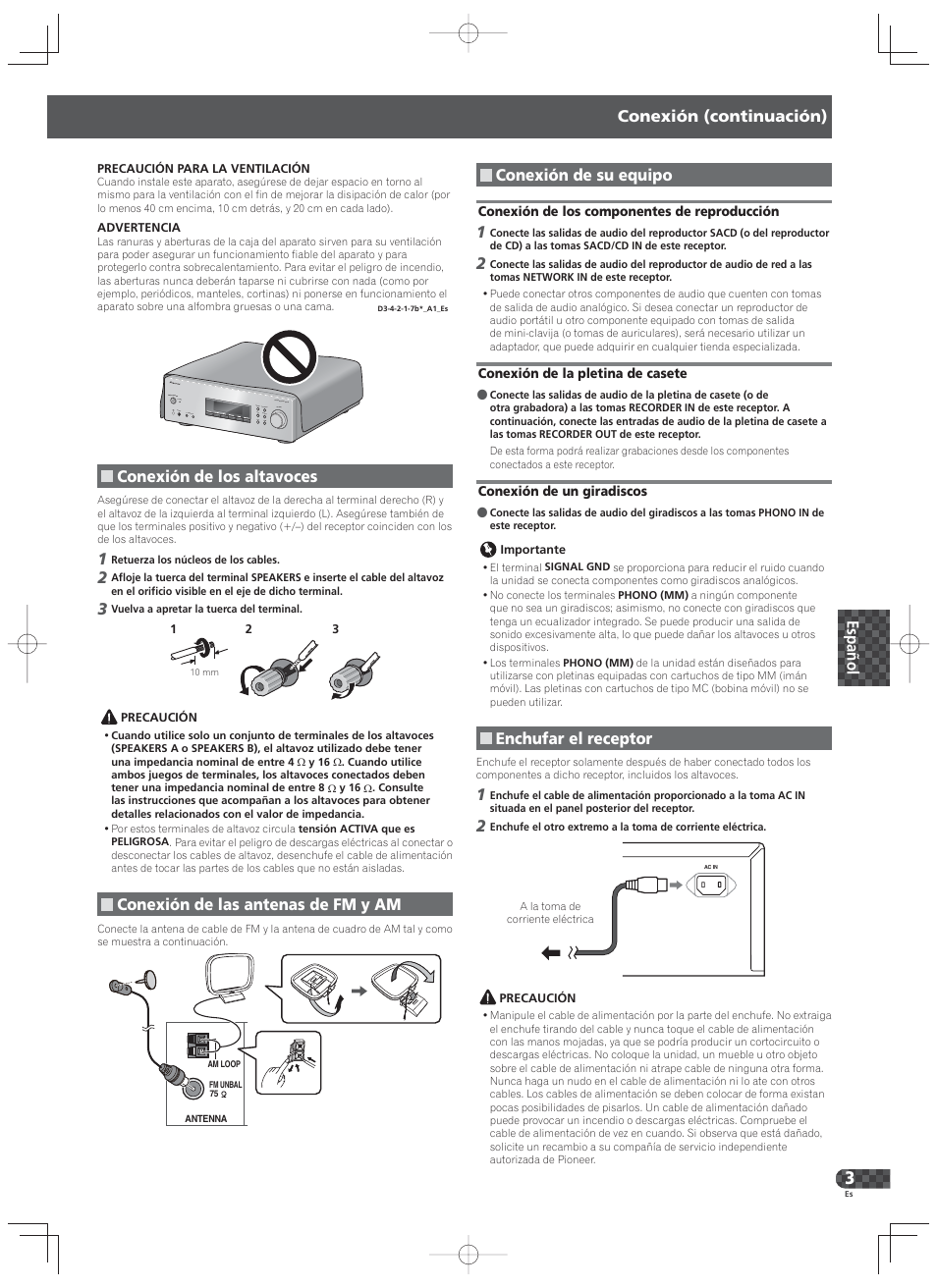 Conexión (continuación), Conexión de los altavoces, Conexión de las antenas de fm y am | Conexión de su equipo, Enchufar el receptor | Pioneer SX-20-K User Manual | Page 23 / 28