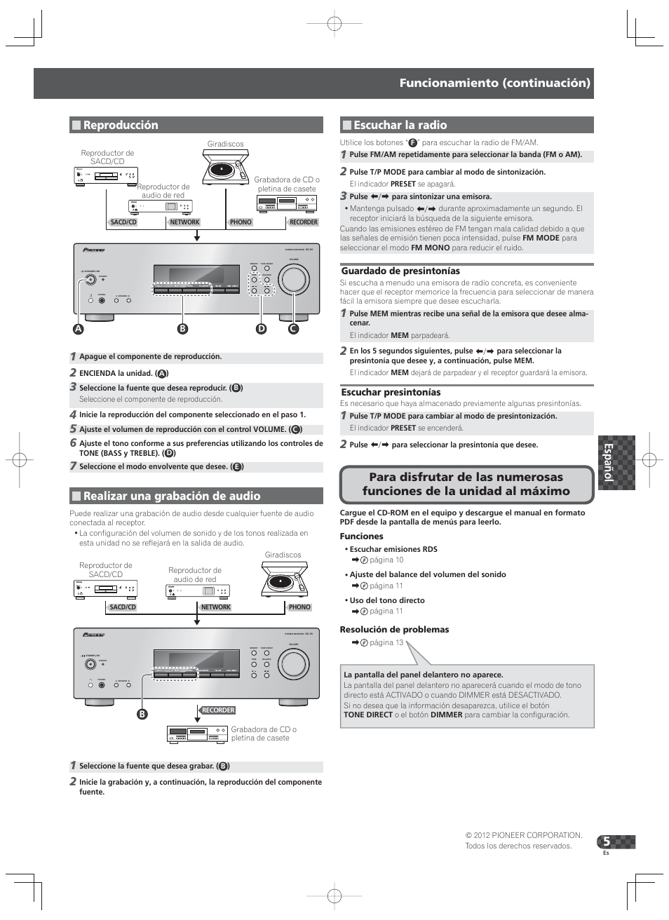 Reproducción, Realizar una grabación de audio, Funcionamiento (continuación) | Escuchar la radio | Pioneer SX-20-K User Manual | Page 25 / 28