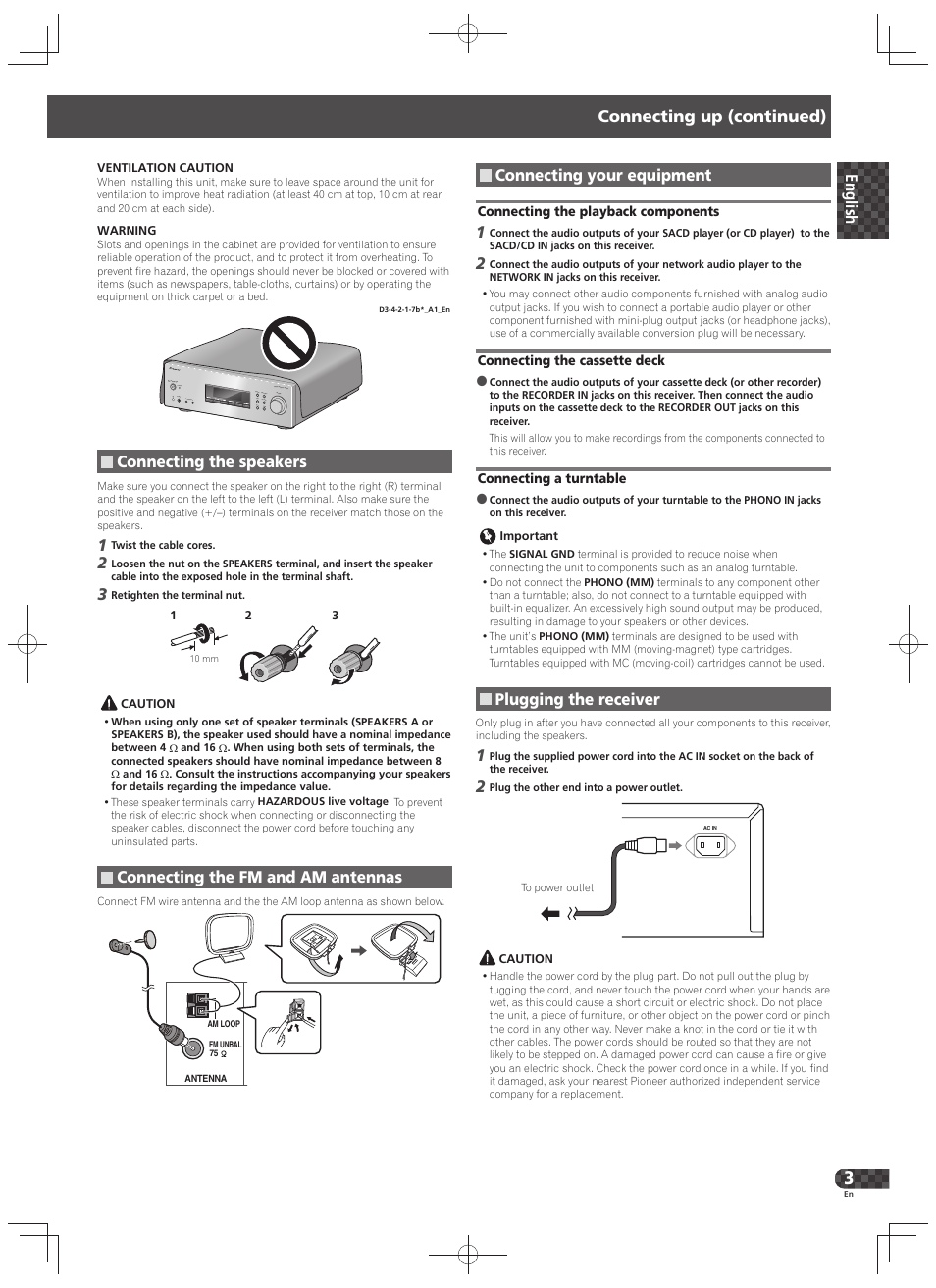 Connecting up (continued), Connecting the speakers, Connecting the fm and am antennas | Connecting your equipment, Plugging the receiver | Pioneer SX-20-K User Manual | Page 3 / 28