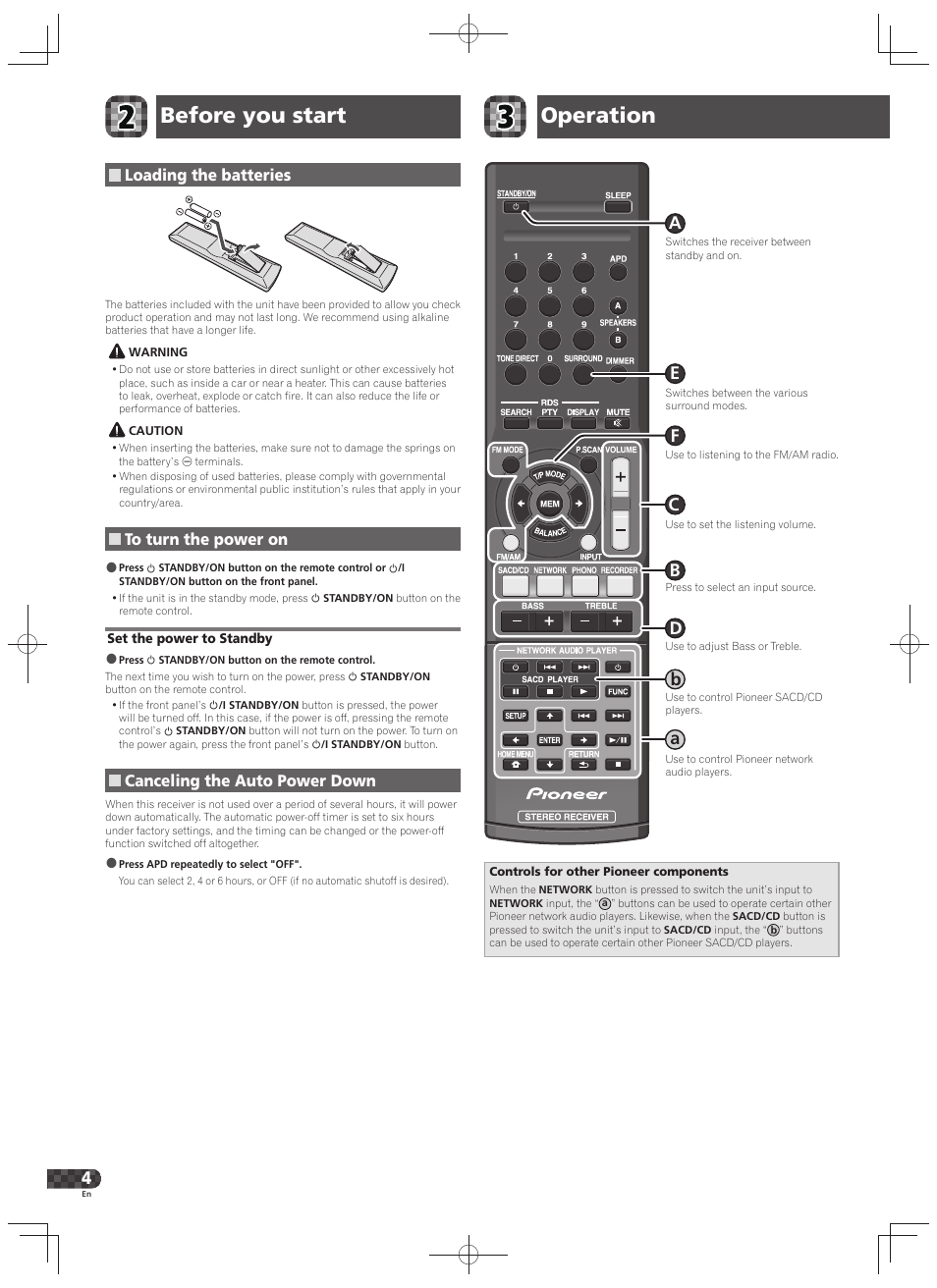 Before you start operation, Loading the batteries, Canceling the auto power down | Pioneer SX-20-K User Manual | Page 4 / 28