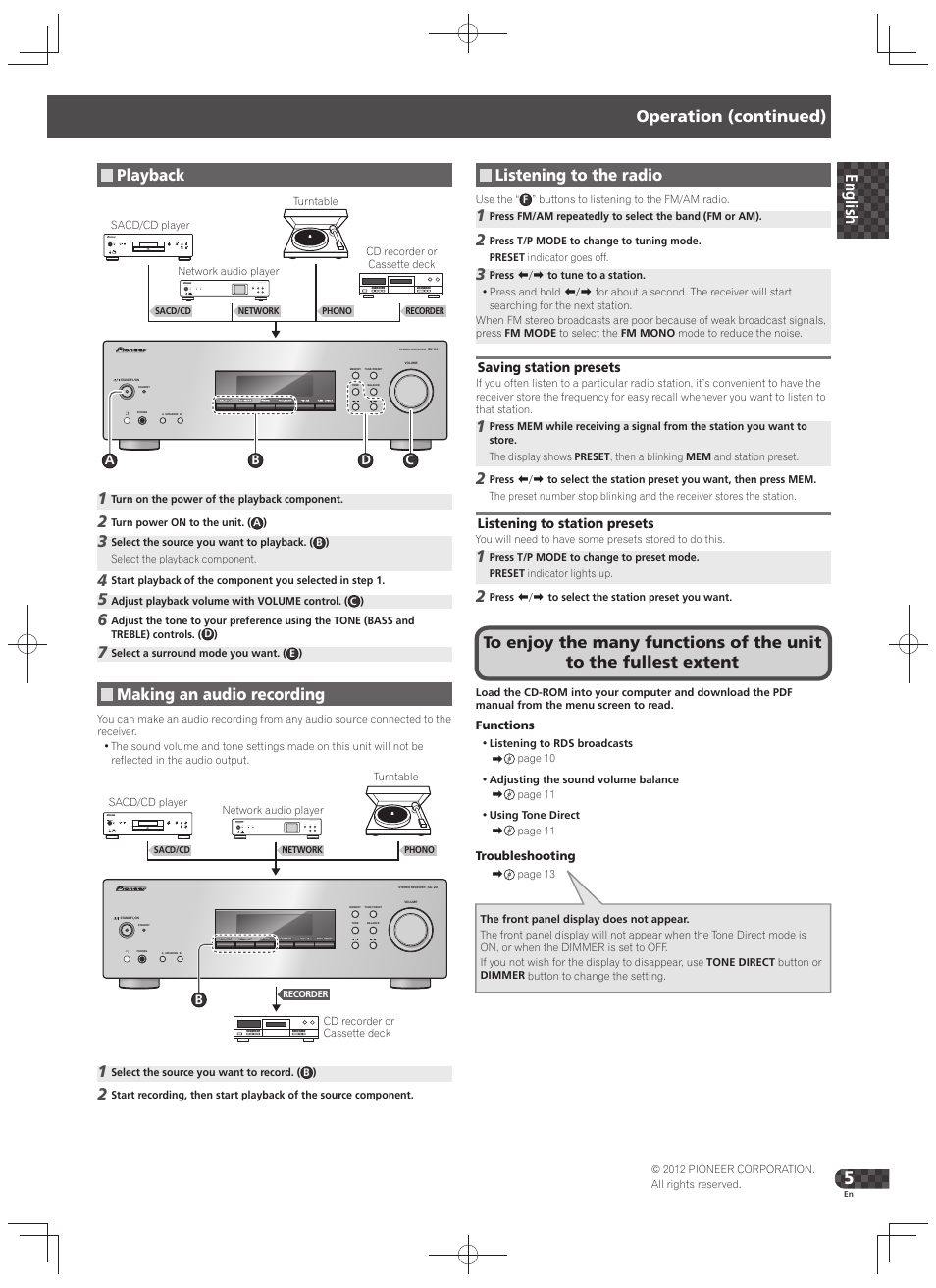 Playback, Making an audio recording, Operation (continued) | Listening to the radio | Pioneer SX-20-K User Manual | Page 5 / 28