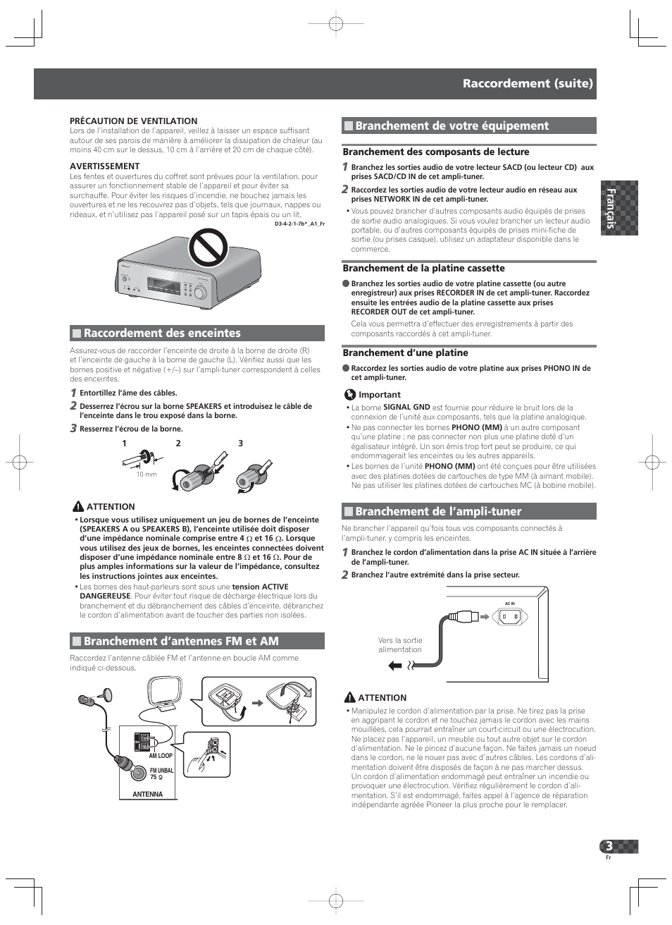 Raccordement (suite), Raccordement des enceintes, Branchement d’antennes fm et am | Branchement de votre équipement, Branchement de l’ampli-tuner | Pioneer SX-20-K User Manual | Page 7 / 28