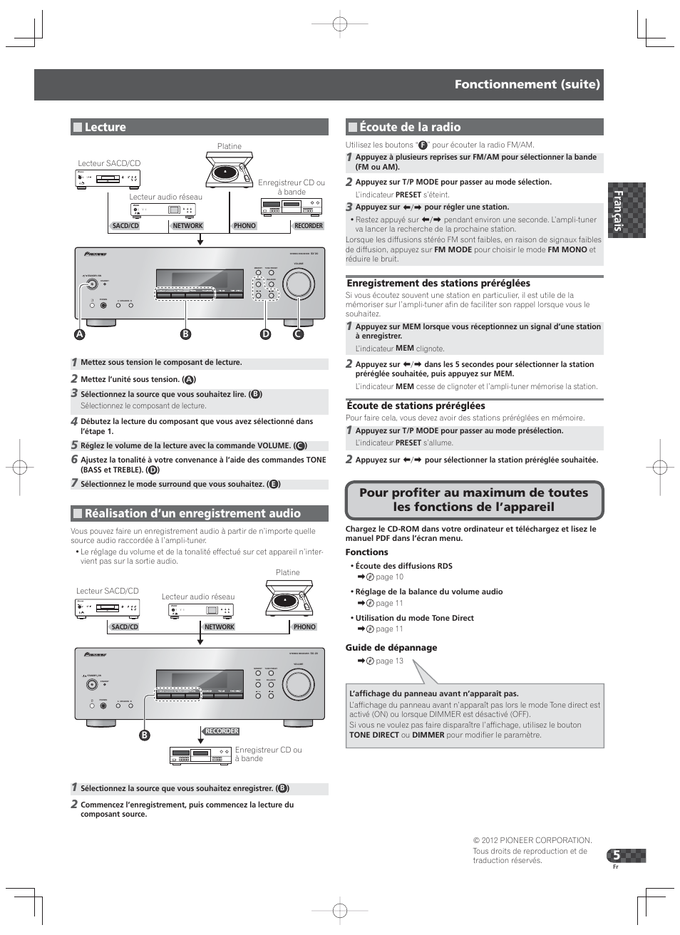 Lecture, Réalisation d’un enregistrement audio, Fonctionnement (suite) | Écoute de la radio | Pioneer SX-20-K User Manual | Page 9 / 28