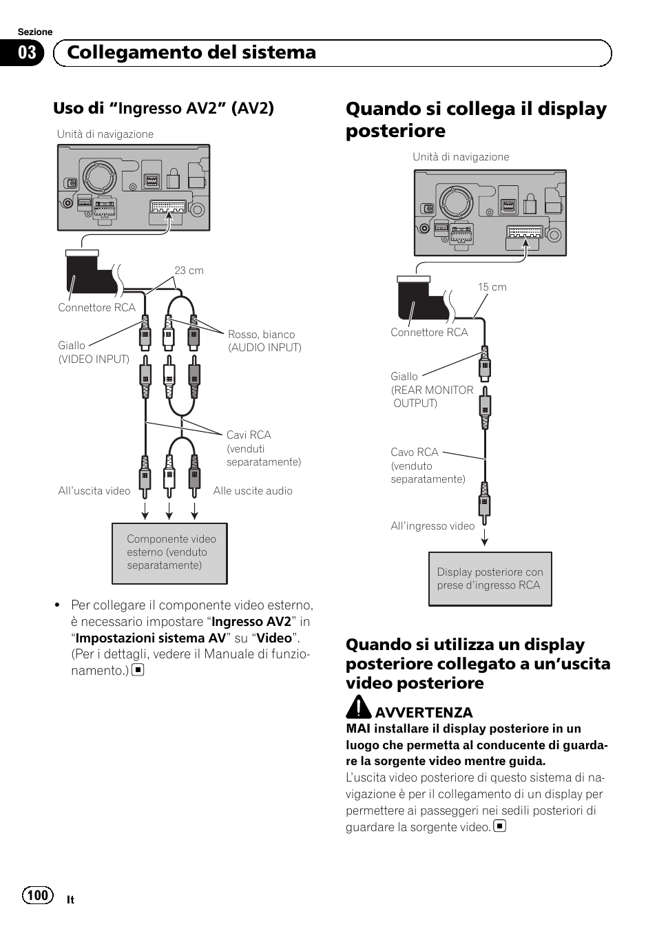 Uso di “ingresso av2” (av2) 100, Quando si collega il display posteriore, Quando si utilizza un display posteriore | Collegato a un, Uscita video, Posteriore, 03 collegamento del sistema, Uso di “ingresso av2” (av2) | Pioneer AVIC-F9210BT User Manual | Page 100 / 132