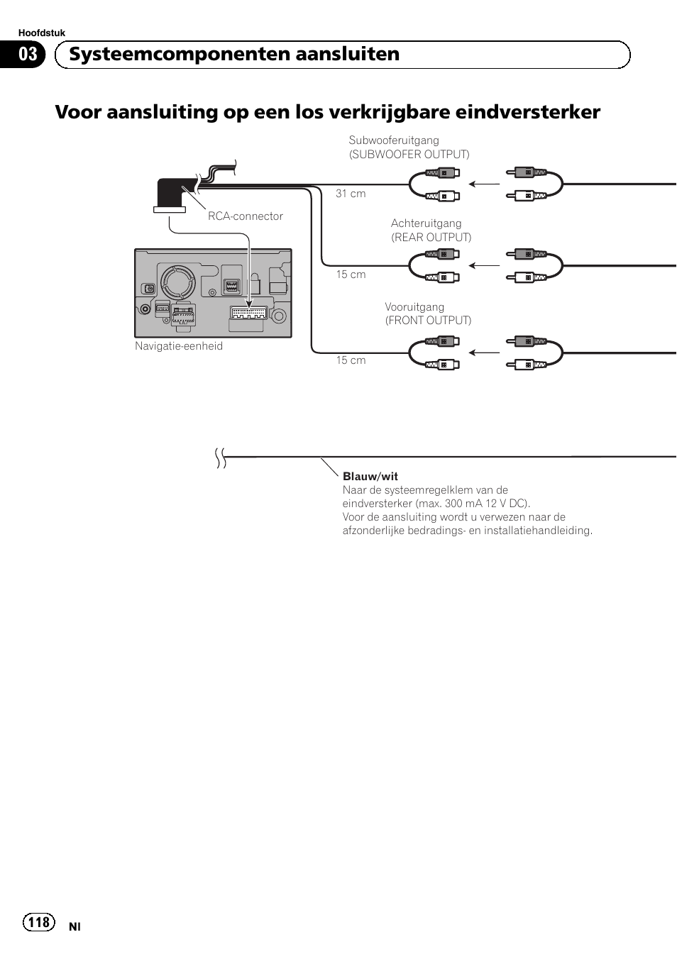 Voor aansluiting op een los verkrijgbare, Eindversterker, 03 systeemcomponenten aansluiten | Pioneer AVIC-F9210BT User Manual | Page 118 / 132