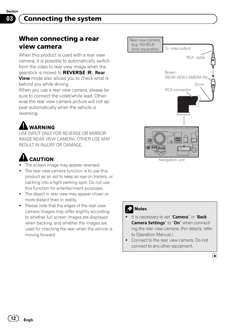 When connecting a rear view camera, 03 connecting the system | Pioneer AVIC-F9210BT User Manual | Page 12 / 132