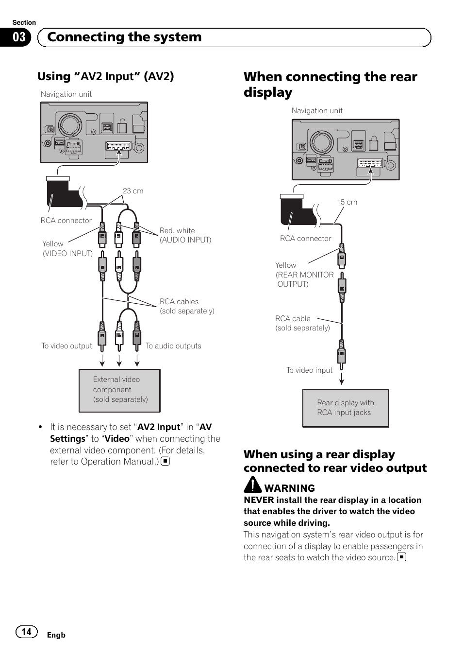 Using “av2 input” (av2) 14, When connecting the rear display, When using a rear display connected to | Rear video output, 03 connecting the system, Using “av2 input” (av2) | Pioneer AVIC-F9210BT User Manual | Page 14 / 132