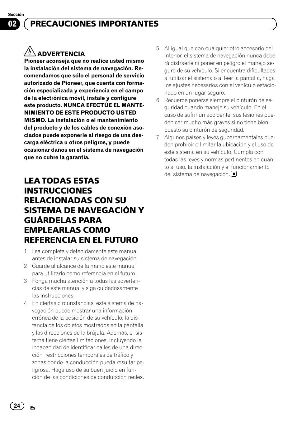 02 precauciones importantes | Pioneer AVIC-F9210BT User Manual | Page 24 / 132